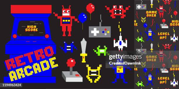 set of retro arcade gaming elements icons with repeating seamless pattern design in pixel style - next level stock illustrations
