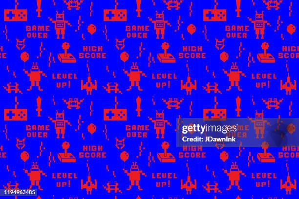 retro arcade gaming repeating seamless pattern background design in pixel style - level up vector stock illustrations