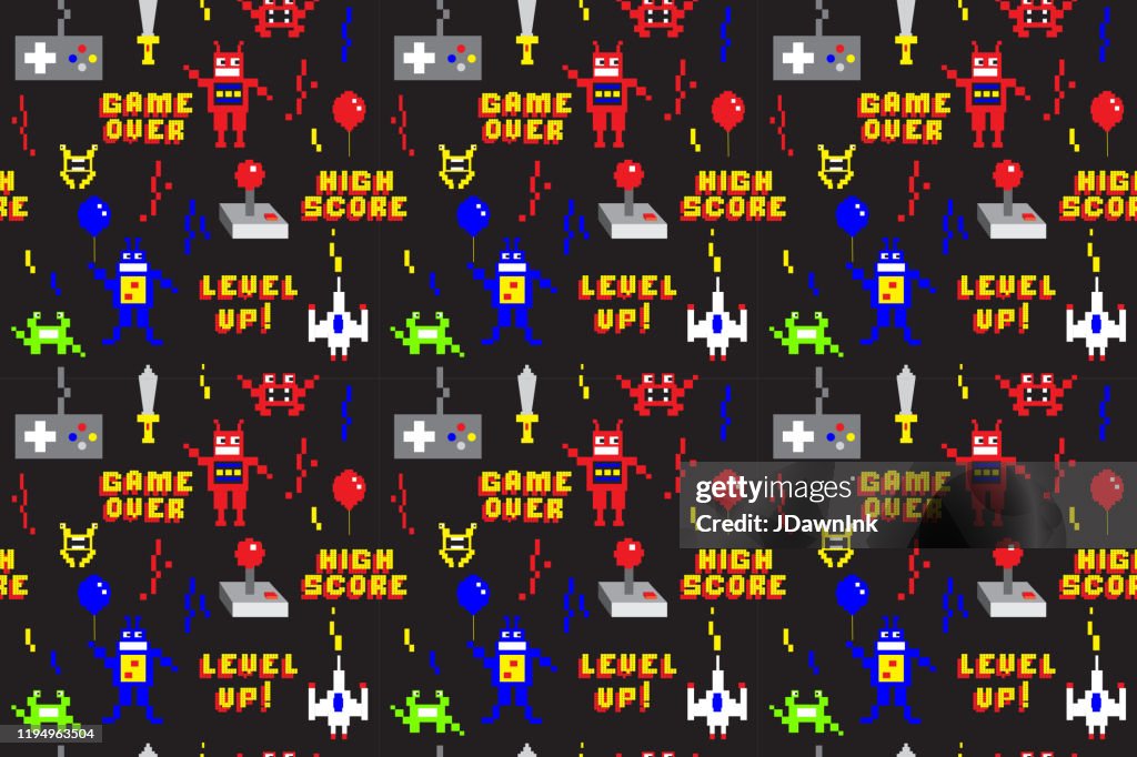 Retro Arcade Gaming repeating seamless pattern background design in pixel style