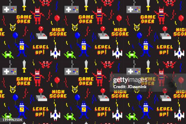 retro arcade gaming repeating seamless pattern background design in pixel style - evolution vintage stock illustrations