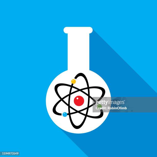 beaker with atom symbol icon - nuclear physics stock illustrations