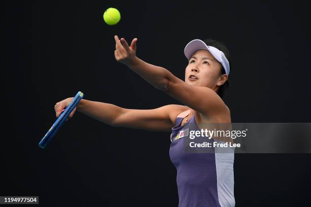 Shuai Peng of China in action during her Women's Singles first round match against Nao Hibino of Japan on day two of the 2020 Australian Open at...