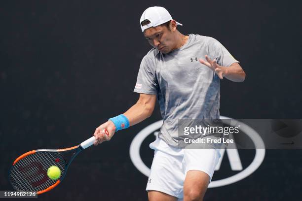 Tatsuma Ito of Japan in action during his Men's Singles first round match against Prajnesh Gunneswaran of India on day two of the 2020 Australian...