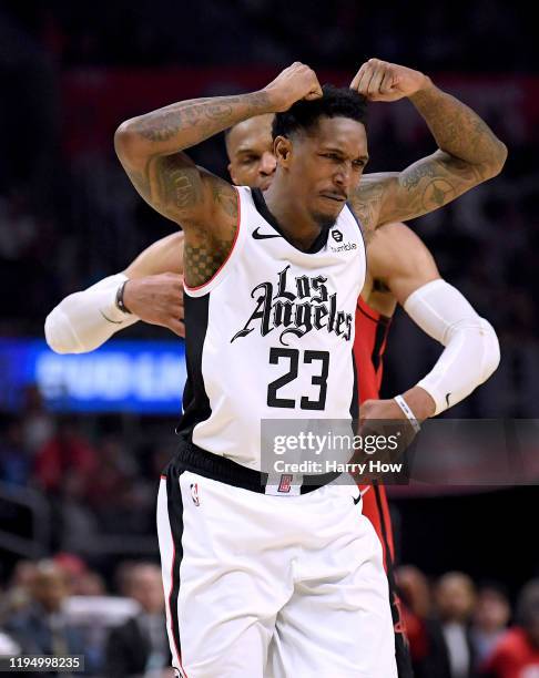 Lou Williams of the LA Clippers reacts to his foul on Russell Westbrook of the Houston Rockets during a 122-117 Rockets win at Staples Center on...