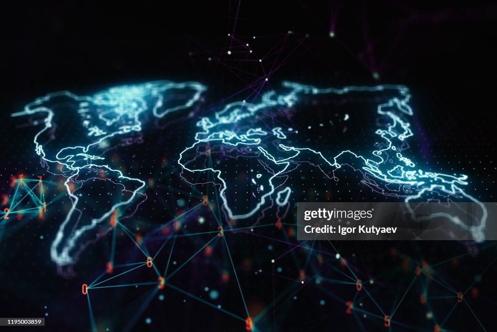 Holographic world map illustration on abstract big data background. Future Technology Concept. 3D Rendering