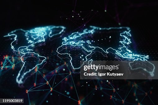 Holographic world map illustration on abstract big data background. Future Technology Concept. 3D Rendering Holographic world map illustration on abstract big data background. Future Technology Concept. 3D Rendering