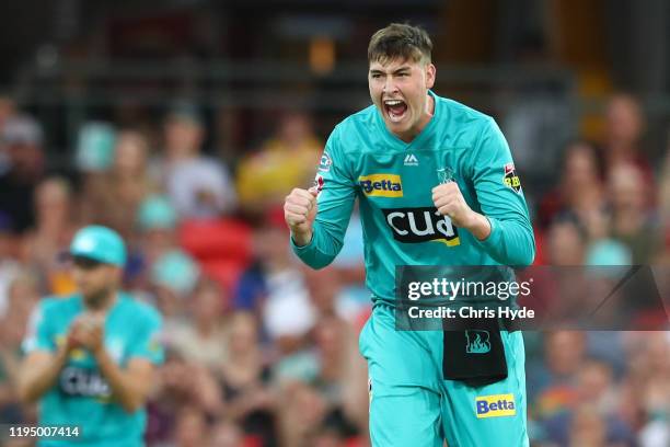 Matthew Renshaw of the Heat celebrates after dismissing Nick Maddinson of the Stars during the Big Bash League Match between the Brisbane Heat and...