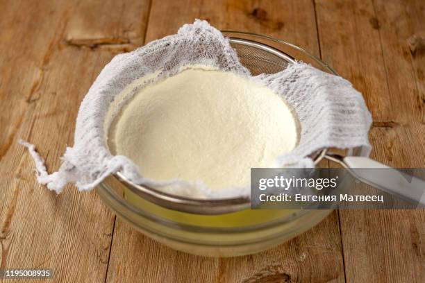 cooking homemade cottage cheese, cheese curd product. draining of curdled milk, whey separation - ricotta cheese stock pictures, royalty-free photos & images