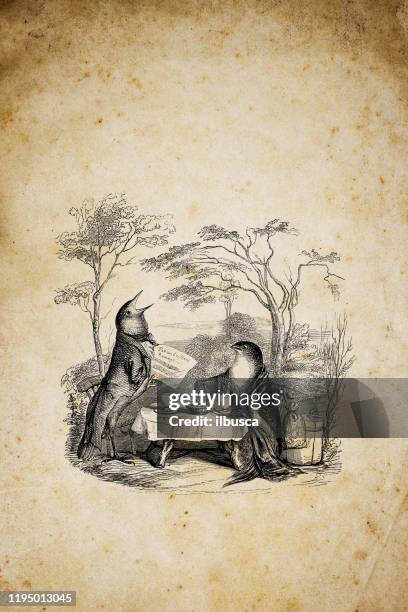 humanized animals illustrations: birds - garden table stock illustrations