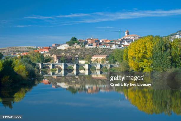 medieval bridge over the river duero - valladolid spanish city stock-fotos und bilder