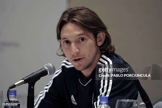 Paraguay's national football team player Edgar Barreto gives a press conference in Mendoza, Argentina on July 21, 2011. Paraguay defeated Venezuela...