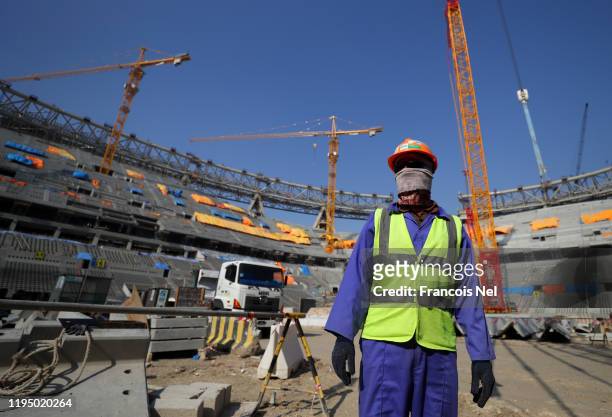 Worker is seen inside the stadium during a stadium tour at Lusail Stadium on December 20, 2019 in Doha, Qatar.