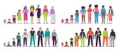 Different ages people characters. Little baby, boy and girl kids, african teenagers, adult man and woman, old seniors. People generations vector illustration set. Male and female life cycle stages