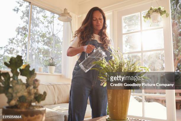 content mature woman watering her plants at home - hawaiian women weaving stock pictures, royalty-free photos & images