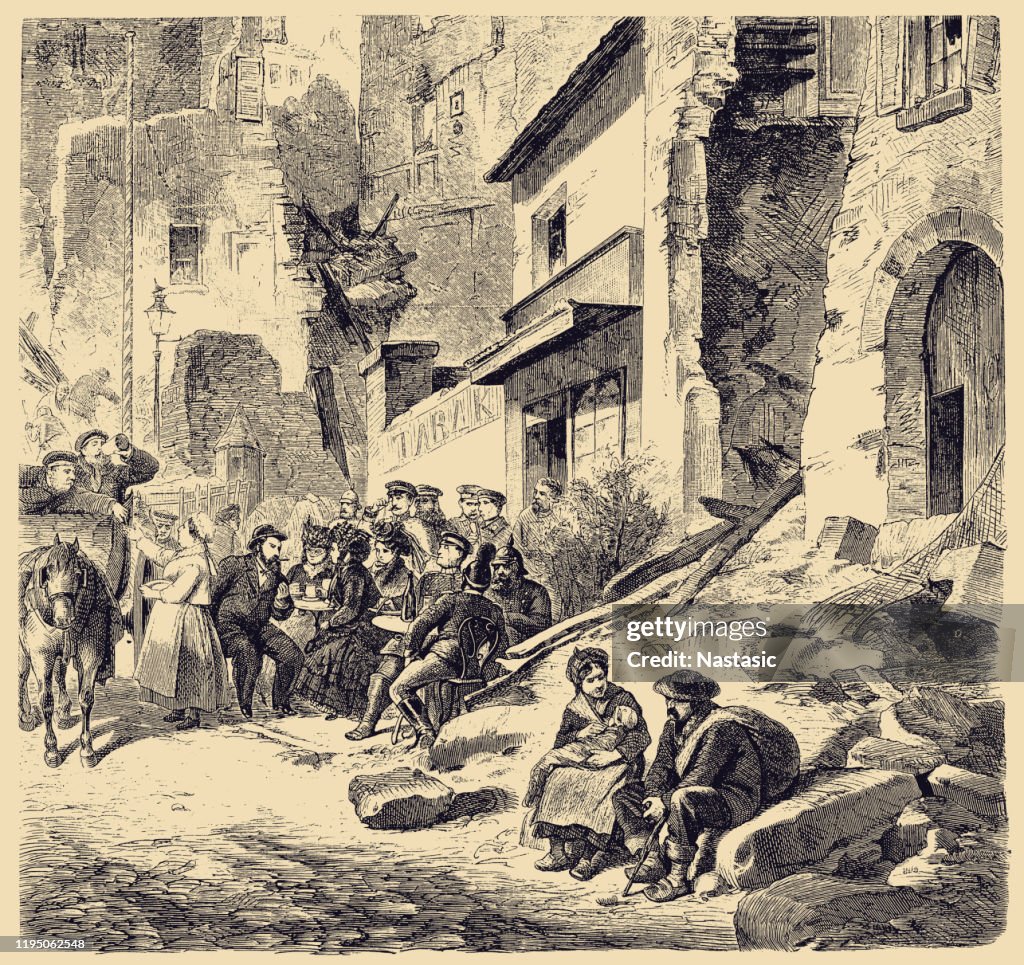 Vintage engraving of a scene from the Franco Prussian War. Destroyed street in Saint-Cloud, Paris ,restoration
