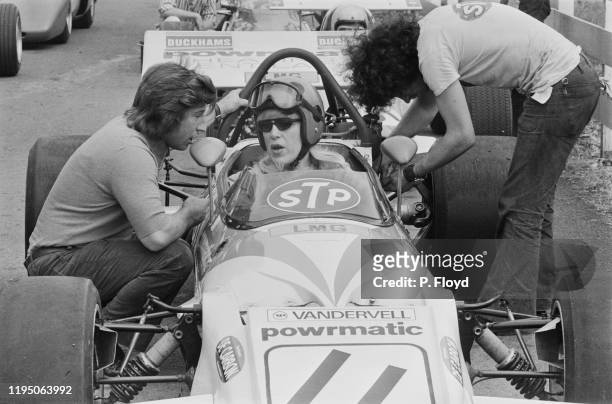 British racing driver, Roberta Cowell , at the wheel of a Kitchmac M10B Formula 5000 racing car during testing at Silverstone Circuit in...