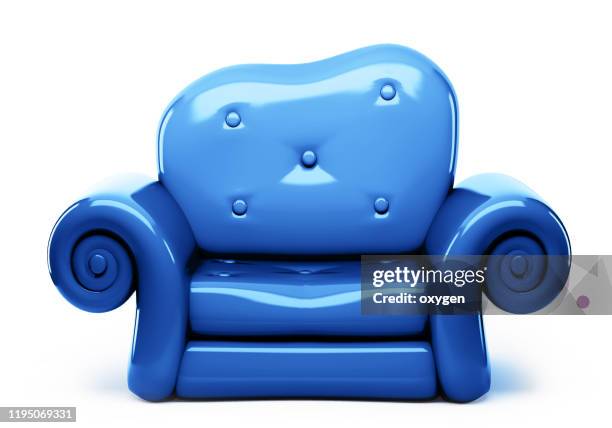 classic blue sofa, cartoon 3d couch isolated white background. color trend 2020 - white hat fashion item stock-fotos und bilder