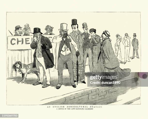 bad smell, people holding nose, agrcultural railway station, victorian - holding nose stock illustrations