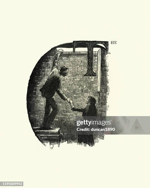 man and woman escaping through a trap door, 19th century - trapdoor spider stock illustrations