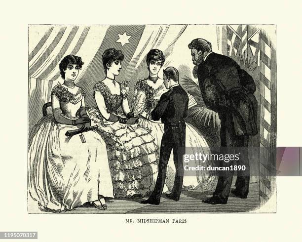 short man flirting with ladies at a party, victorian - short guy tall woman stock illustrations