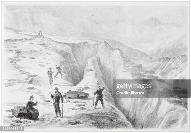 antique illustration of people and places of the italian alps, valsesia, piedmont: monte rosa glacier - crevasse stock illustrations