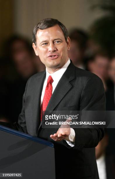 John Roberts speaks during a ceremony in the East Room of the White House 29 September 2005 in Washington, DC, after he was was sworn in by Supreme...