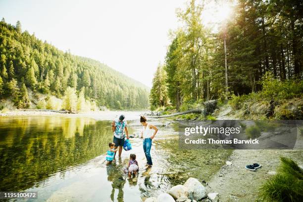 family playing in river on summer afternoon - african at the bank stock pictures, royalty-free photos & images