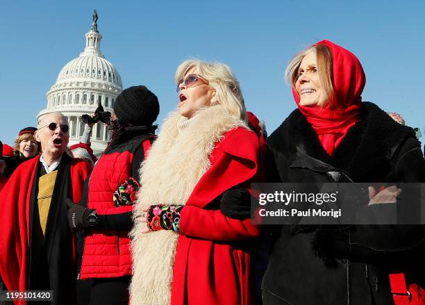 Actress and activist Jane Fonda and Gloria Steinem marches during the "Fire Drill Fridays" climate change protest and rally on Capital Hill on...