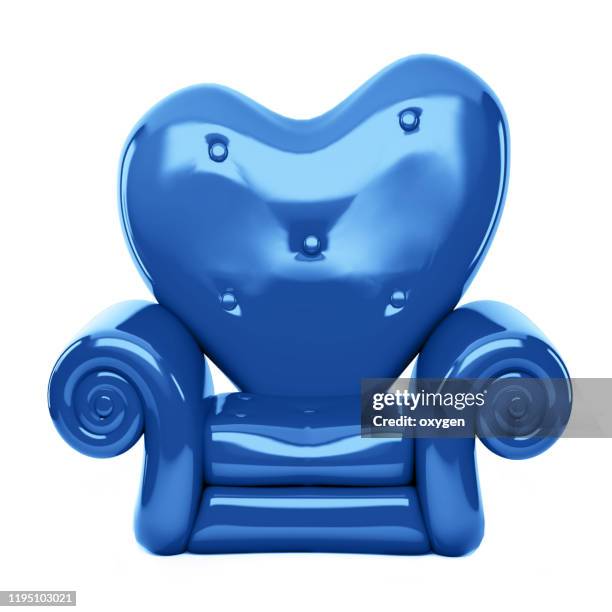 classic blue sofa, heart shape cartoon 3d couch isolated white background. color trend 2020 - heart chair design stock-fotos und bilder