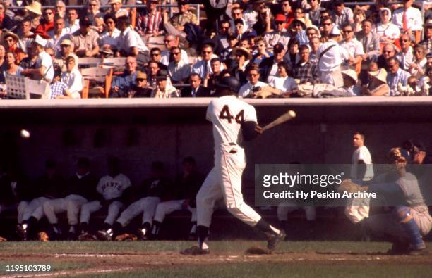 Willie McCovey of the San Francisco Giants swings at the pitch during an MLB game against the Chicago Cubs on June 1, 1960 at Candlestick Park in San...