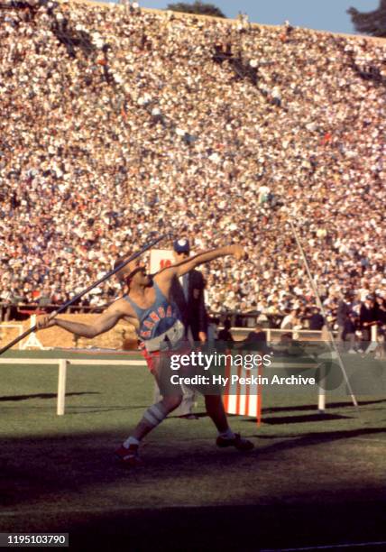 Competitor from the University of Kansas participates in the javelin throw event during the 1960 U.S. Olympic Track and Field Trials on July 1, 1960...