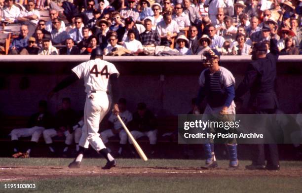 Willie McCovey of the San Francisco Giants swings and misses the pitch during an MLB game against the Chicago Cubs on June 1, 1960 at Candlestick...