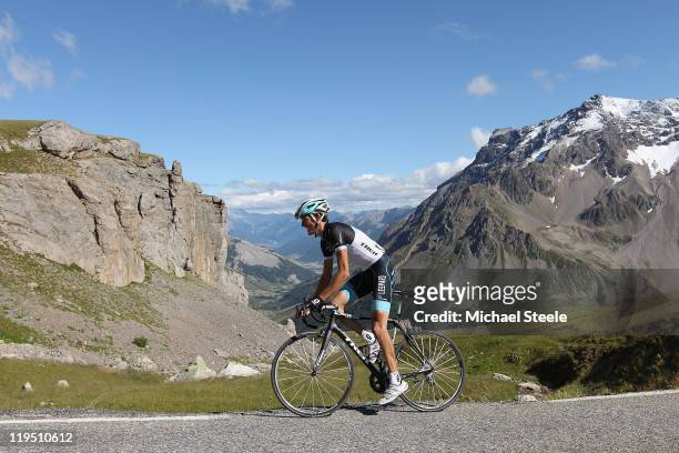 Andy Schleck of Luxemburg and Team Leopard-Trek on his way to victory on the final climb during Stage 18 of the 2011 Tour de France from Pinerolo to...