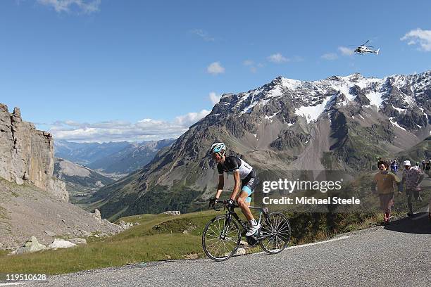 Andy Schleck of Luxemburg and Team Leopard-Trek on his way to victory on the final climb during Stage 18 of the 2011 Tour de France from Pinerolo to...