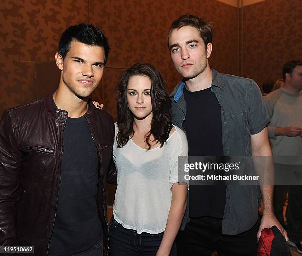 Actor Taylor Lautner, actress Kristen Stewart and actor Robert Pattinson attend the Summit Entertainment "The Twilight Saga: Breaking Dawn - Part 1"...