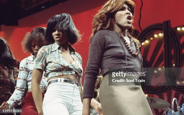Ike and Tina Turner and the Ikettes rehearse one of their musical numbers during the videotaping of Soul Train episode 124, aired 1/18/1975. .