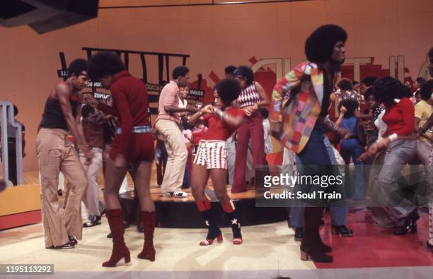 Classic dance scene from Soul Train episode 31, aired 9/23/1972, featuring iconic dancers Damita Jo Freeman and Pat Davis in red, white and blue. .