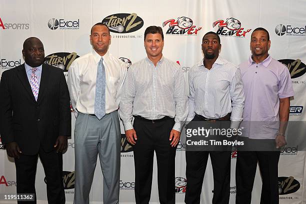 Derek Jeter poses with participants including Kalamazoo Mayor Bobby Hopewell , Tino Martinez and Bobby Hopewell and Gerald Williams in the 2011...