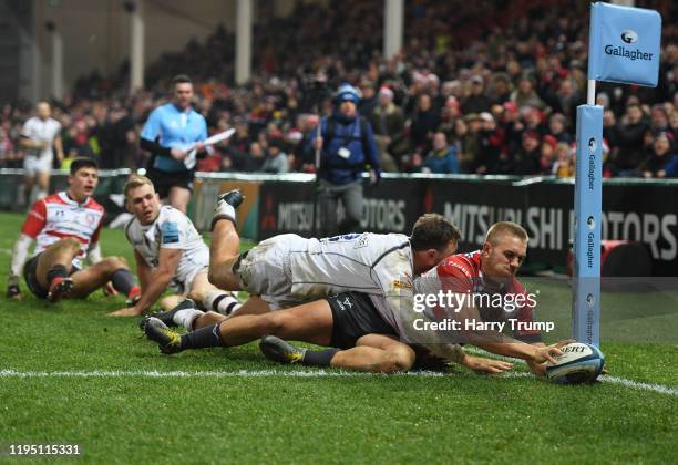 Chris Harris of Gloucester Rugby goes over to score his sides second try during the Gallagher Premiership Rugby match between Gloucester Rugby and...