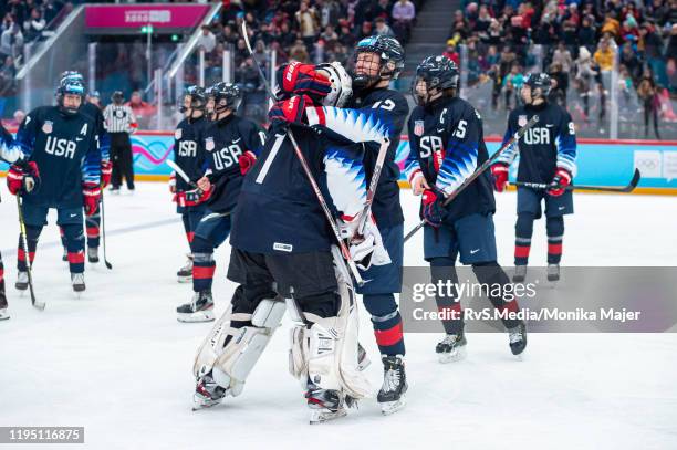 Goalkeeper Dylan Silverstein of United States and Rutger McGroarty of United States celebrate their win after Men's 6-Team Tournament Semifinals Game...