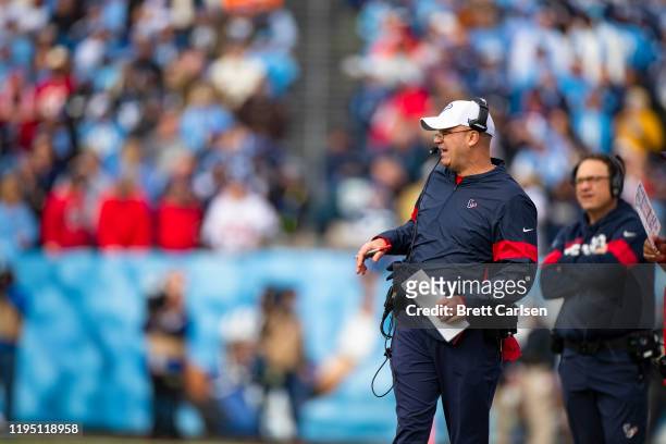 Head coach Bill O'Brien of the Houston Texans reacts during the first quarter against the Tennessee Titans at Nissan Stadium on December 15, 2019 in...