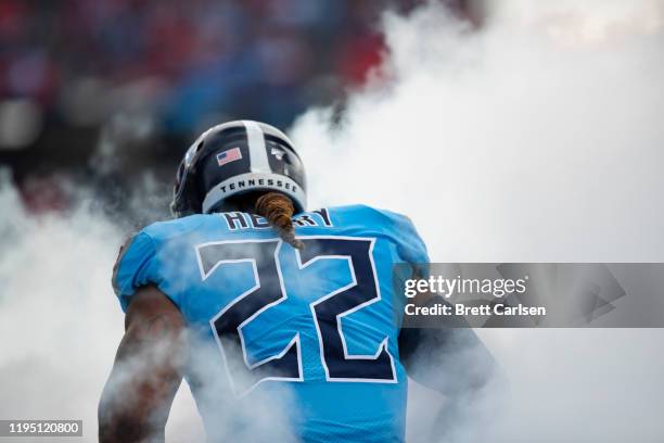 Detail view of rear nameplate on the jersey of Derrick Henry of the Tennessee Titans as he is announced before the game against the Houston Texans at...