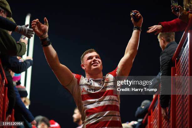 Alex Craig of Gloucester Rugby celebrates at the final whistle during the Gallagher Premiership Rugby match between Gloucester Rugby and Worcester...