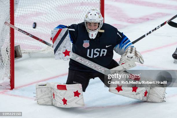 Goalkeeper Dylan Silverstein of United States makes a glove save during Men's 6-Team Tournament Semifinals Game between United States and Canada of...