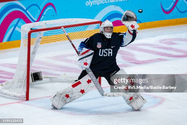 Goalkeeper Dylan Silverstein of United States makes a save during Men's 6-Team Tournament Semifinals Game between United States and Canada of the...