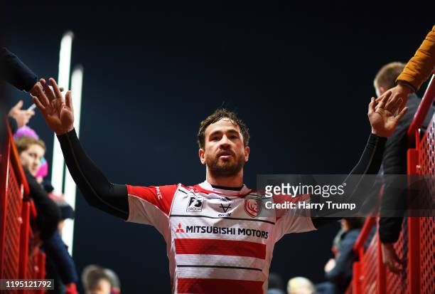 Danny Cipriani of Gloucester Rugby celebrates at the final whistle during the Gallagher Premiership Rugby match between Gloucester Rugby and...