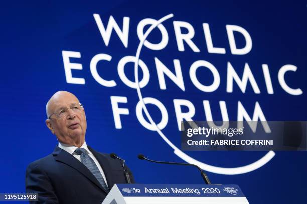 World Economic Forum founder and executive chairman Klaus Schwab delivers a speech at the Congress center during the World Economic Forum annual...