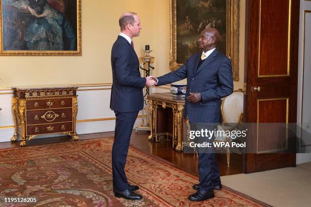 Prince William, Duke of Cambridge receives the President of Uganda Yoweri Museveni during an audience at Buckingham Palace on January 21, 2020 in...