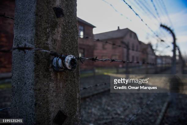 Detail view of barbed wire fence at the former Auschwitz concentration camp on January 21, 2020 in Oswiecim, Poland. The European Jewish Association,...
