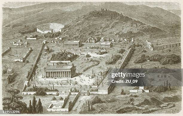 olympia, place of the ancient olympic games, published in 1882 - ancient olympia greece stock illustrations